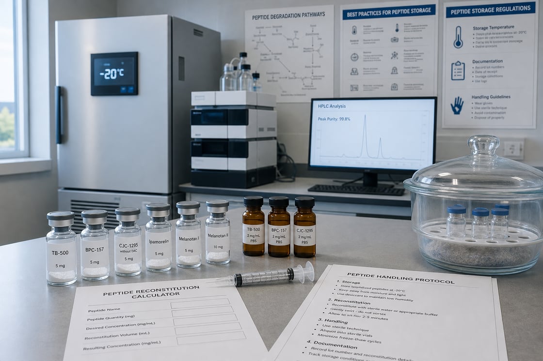 Peptide laboratory vials beside HPLC analytical data display