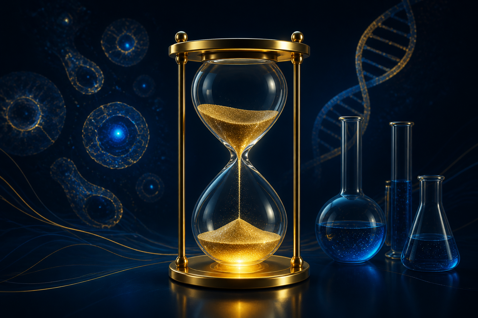 Glowing hourglass beside elegant laboratory glassware in a navy, cyan, and gold longevity research scene.