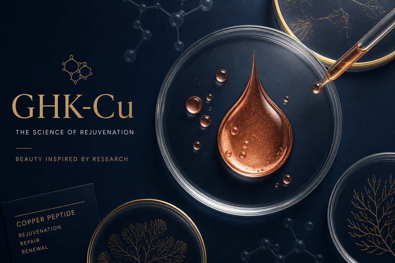 Copper-toned serum droplet with glass labware in a navy and gold luxury research setting.
